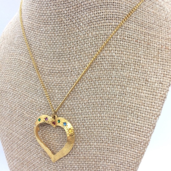 VINTAGE GOLD TONE HEART JEWEL TONE RHINESTONES NECKLACE - Picture 6 of 13